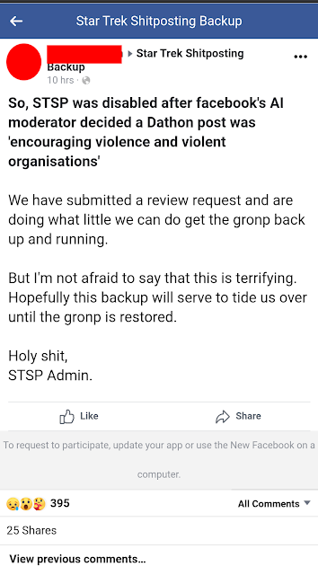 Post from the "Star Trek Shitposting Backup" group, explaining that the main group was disabled for deciding a "Dathon" post was 'encouraging violence and violent organizations'