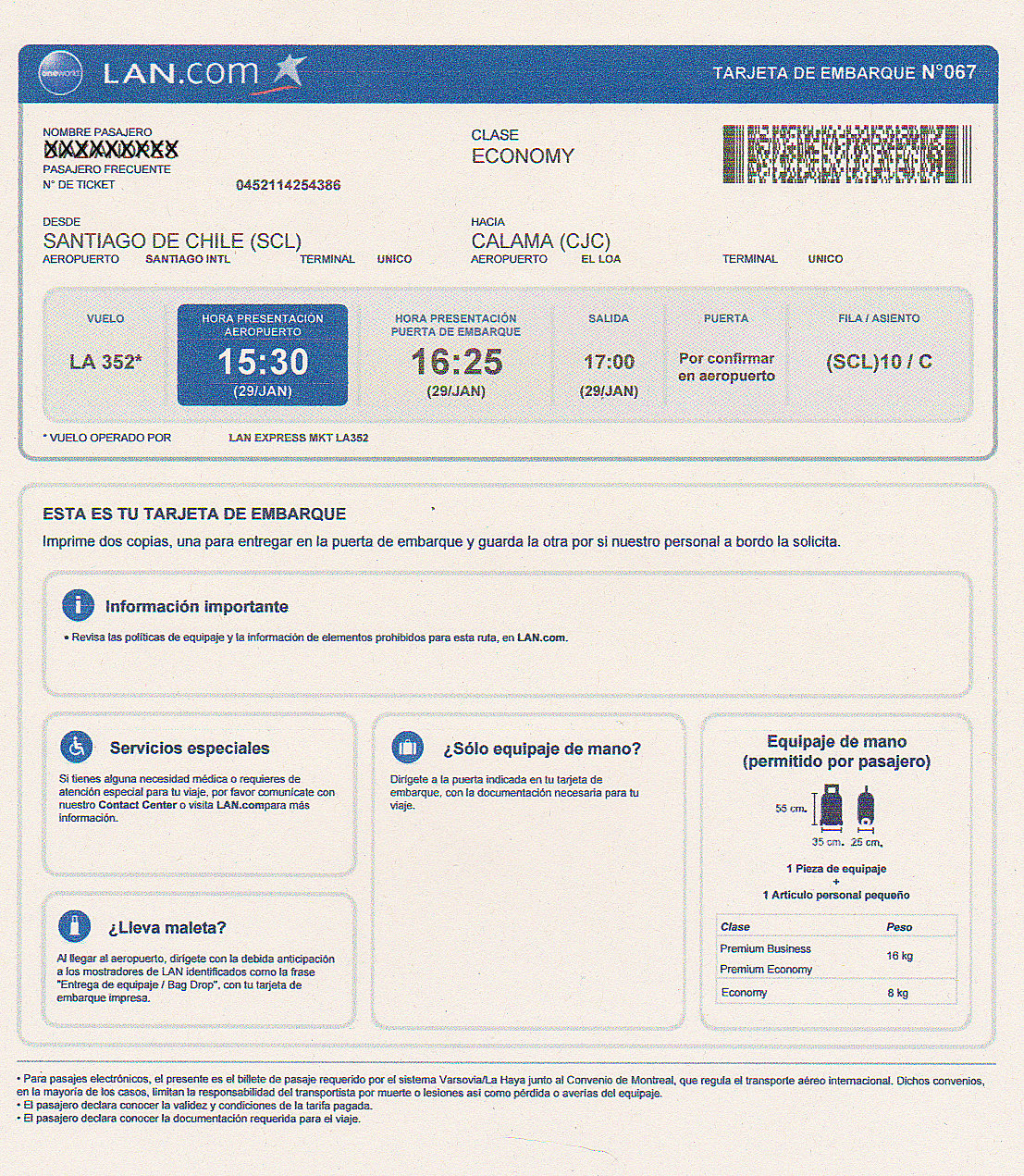 The traveler's drawer LAN. Tarjeta de embarque para el vuelo LA 352 de Santiago a Calama (Chile)
