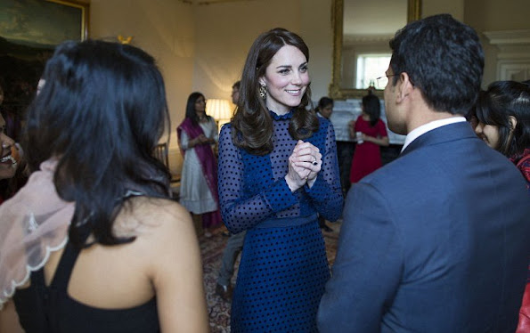 Prince William and his wife The Duchess of Cambridge attended a reception with young people from India and Bhutan at Kensington Palace, Kate Middleton wore SALONI Mary Illusion Dot Dress