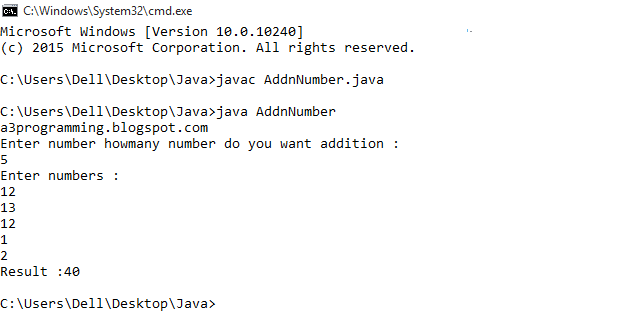 Program to addition of n number using Scanner class in java programming