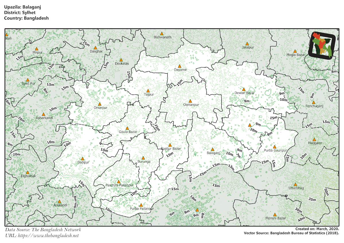 Balaganj Upazila Elevation Map Sylhet District Bangladesh