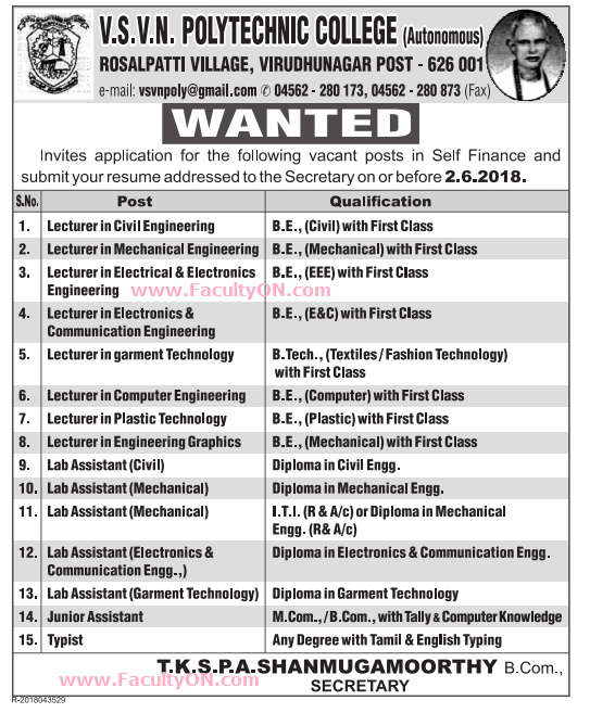 V.S.V.N Polytechnic College, Virudhunagar, Wanted Lecturers Plus Non