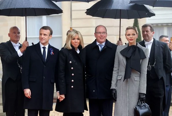 Princess Charlene wore a Houndstooth one button wool coat by GIVENCHY. Duchess Maria Teresa, Brigitte Macron