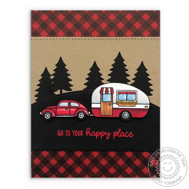 Sunny Studio Stamps: Happy Camper Retro Trailer Black & Red Checkered Rustic Card by Mendi Yoshikawa
