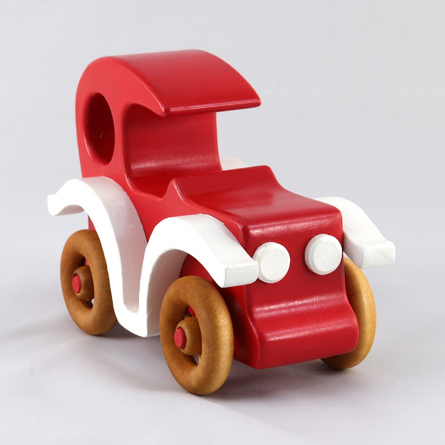 Handmade Wooden Toy Car Bad Bob's Custom Motors Sedan Red & White