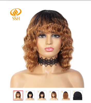 Loose Wave Short Bob Wig with Bang Fringe Brazilian Remy Hair for Black Women Balayage Highlight Black Ombre Color Full Wig