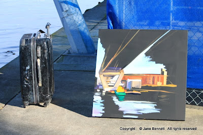 Plein air oil painting of the Anzac Bridge and Glebe Island painted by industrial heritage artist Jane Bennett