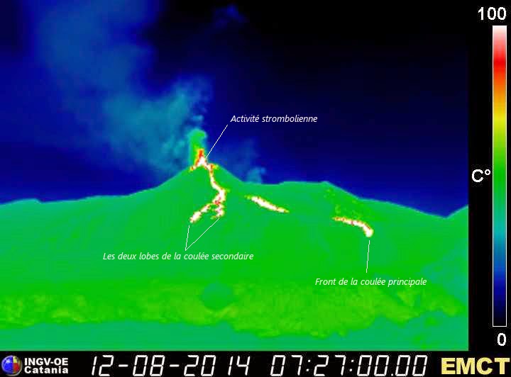 Position des coulées de lave du volcan Etna, matin du 12 août 2014