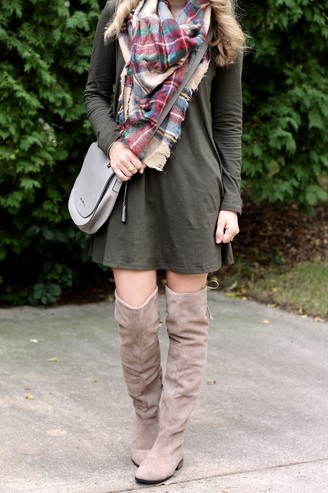 olive dress, OTK boots, blanket scarf, Michael Kors grey saddlebag, black wide brim felt hat