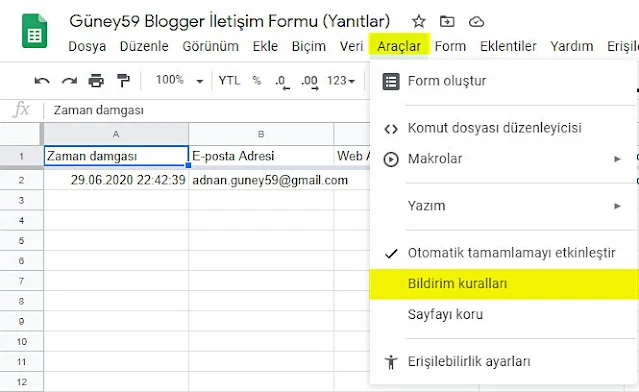 10. Araçlar → Bildirim kuralları tıklayın.