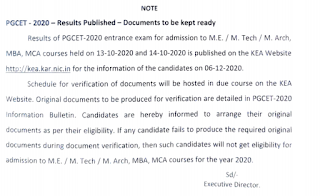 Karnataka PGCET 2020 Result notice