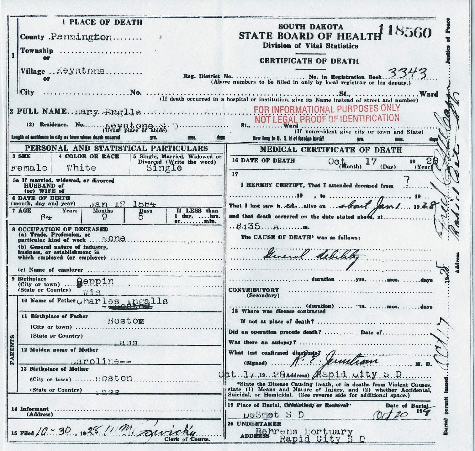 take on life South Dakota Death Record Index for Ingall