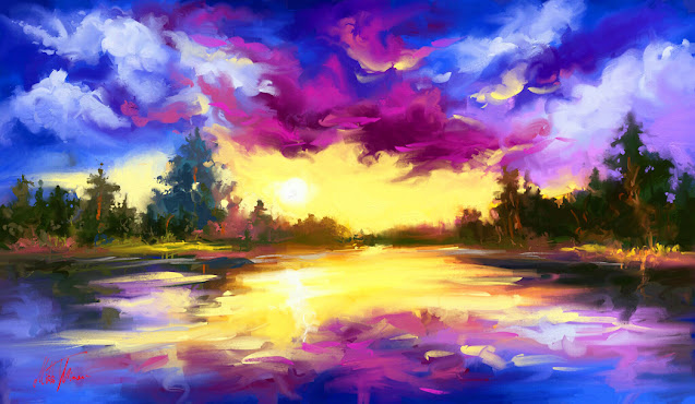 Sunset at the lake digital mysterious landscape painting by Mikko Tyllinen