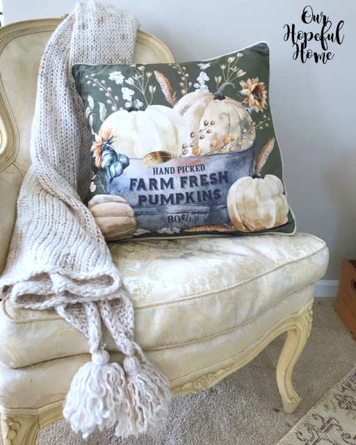 velvet pumpkin pillow fall decor knit throw tassels bergere chair