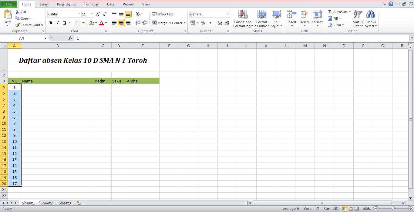 Belajar Excel - Cara Mudah Membuat Nomor Urut Otomatis di Excel 2010