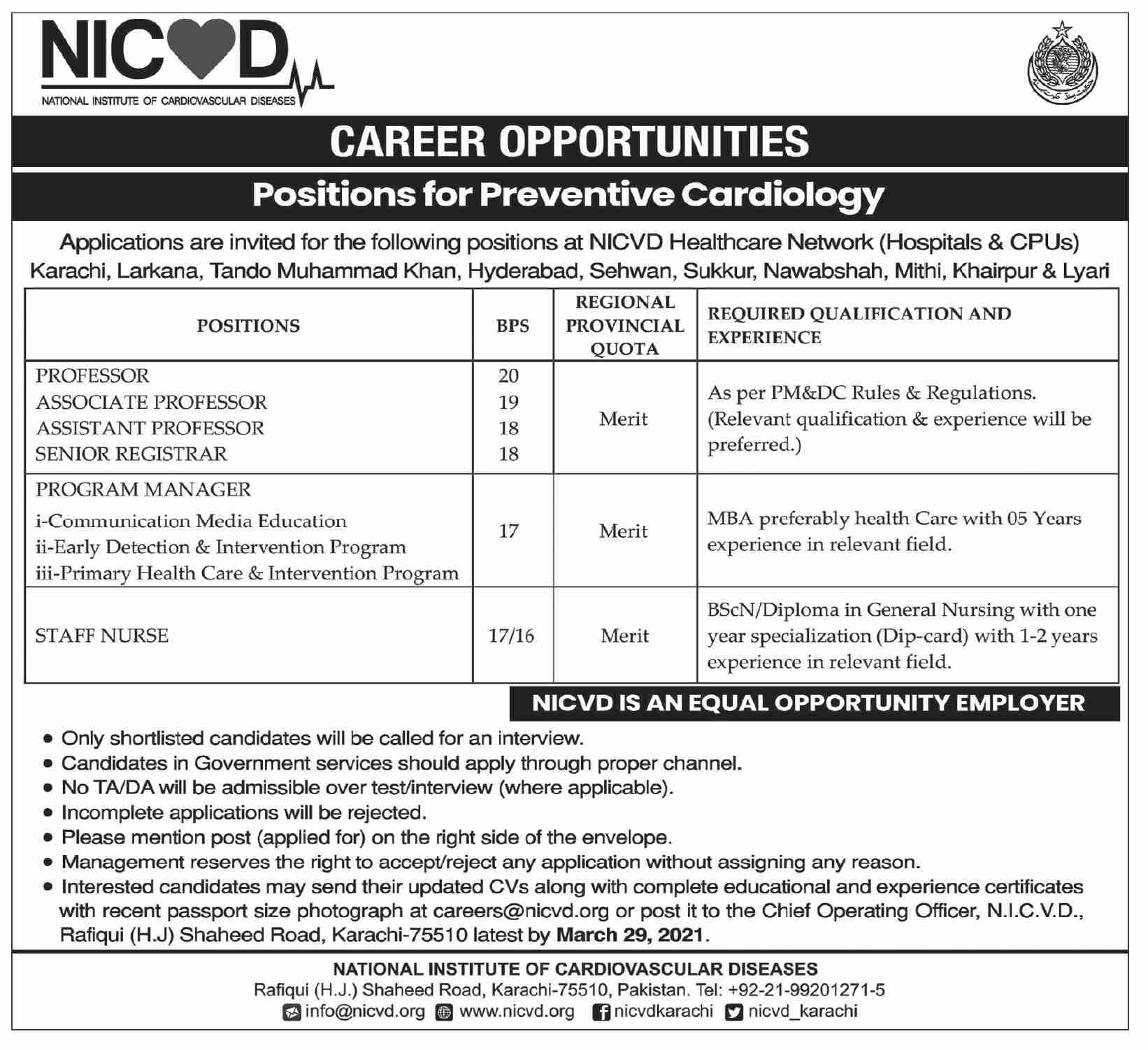 Latest Govt Jobs in National Institute of Cardiovascular Diseases for Professor & Staff Nurse