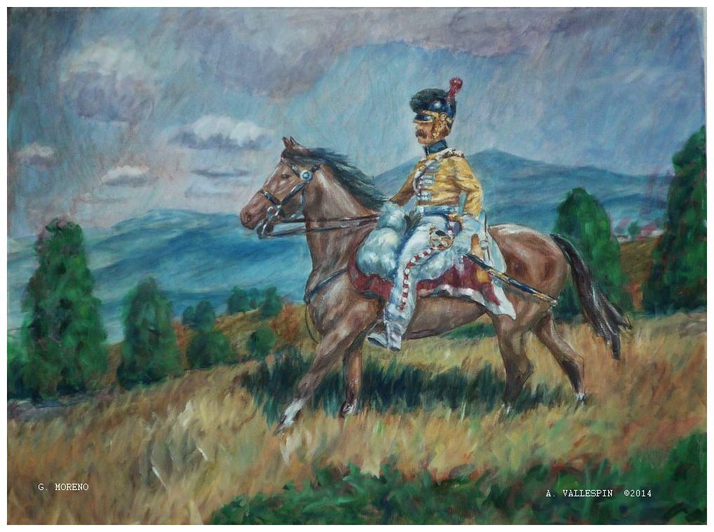 Dragón a caballo - soldado español - oleo sobre tabla - pintura