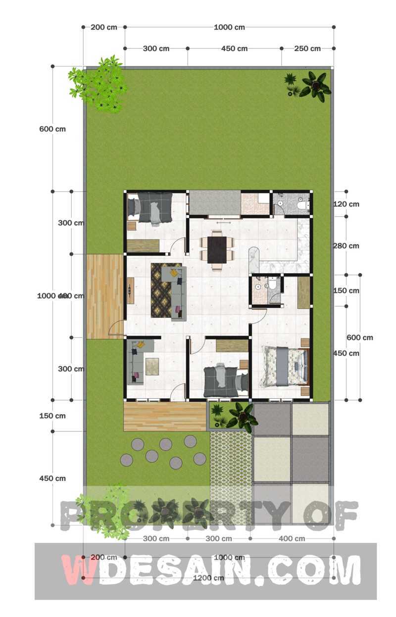 desain rumah 9x10 3 kamar tidur 2 teras depan samping