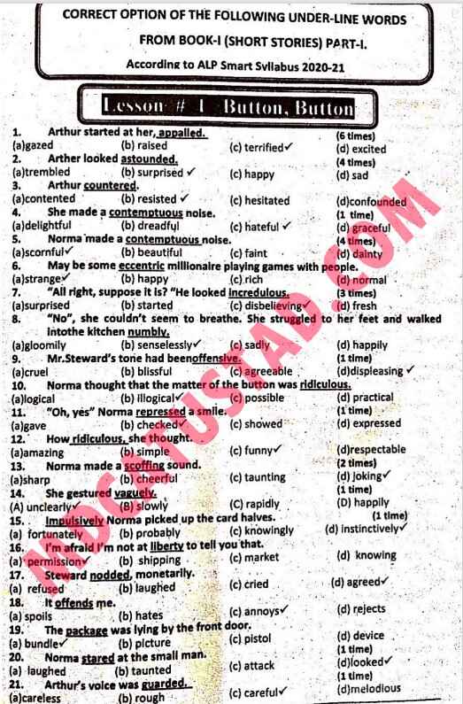 11th English Lesson Button Button Synonyms MCQs MDCATustad