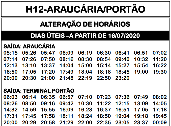Horário de ônibus H12 ARAUCÁRIA / PORTÃO 2021 | Araucária PR - Horário