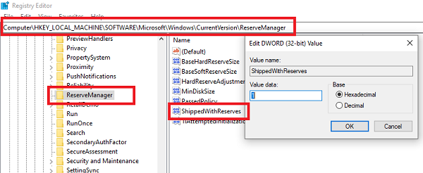 Configuración de registro para la configuración de almacenamiento reservado en Windows 10
