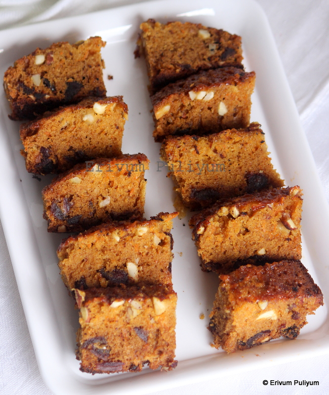 Erivum Puliyum Carrot Dates Pudding Cake
