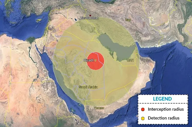 Map Attribute: The interception and detection radius of a THAAD system hypothetically deployed in Riyadh / Source: Google Maps / Over the top illustration by the author