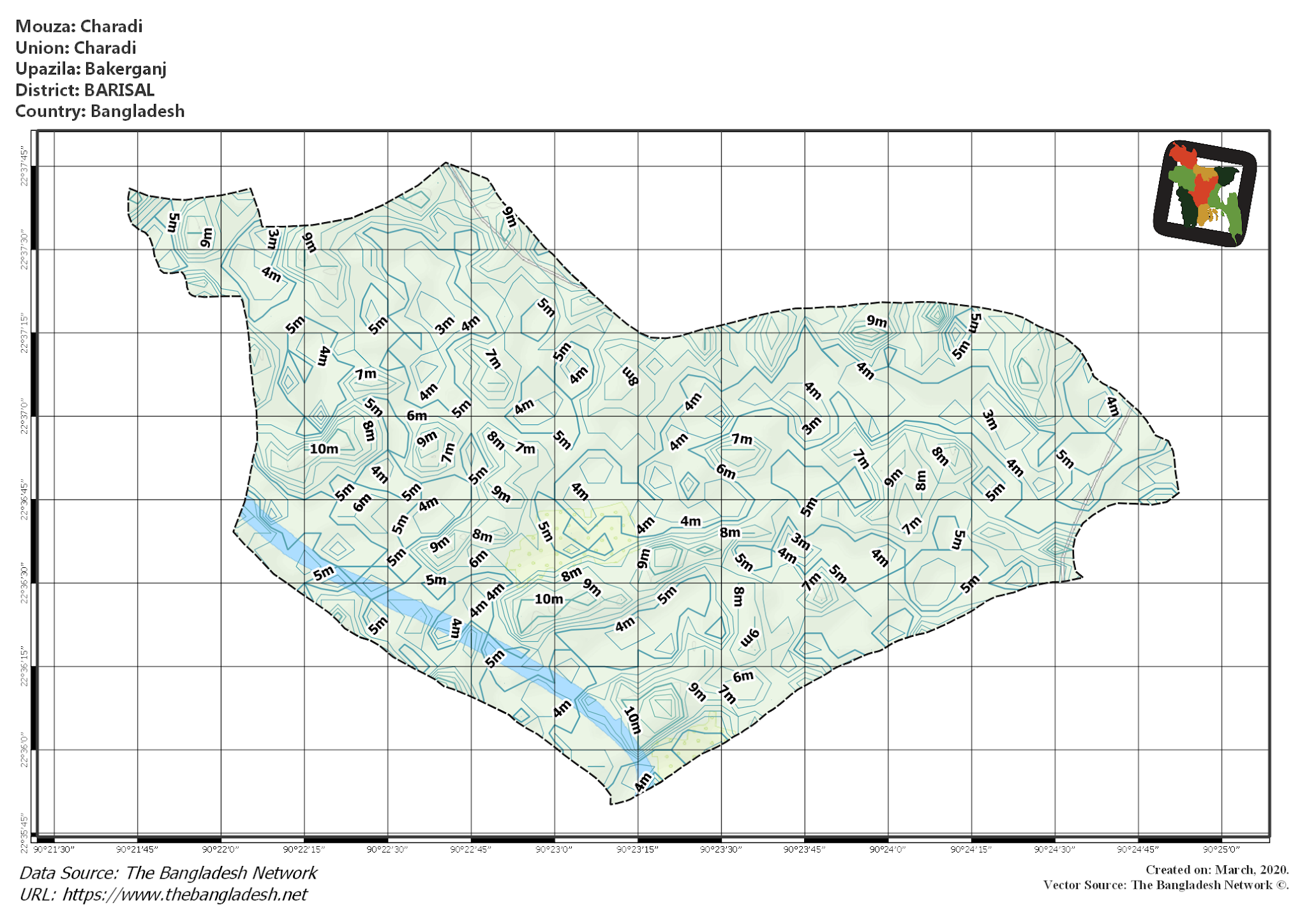 Map of Charadi Mouza of Bakerganj Upazila, BARISAL, Bangladesh.