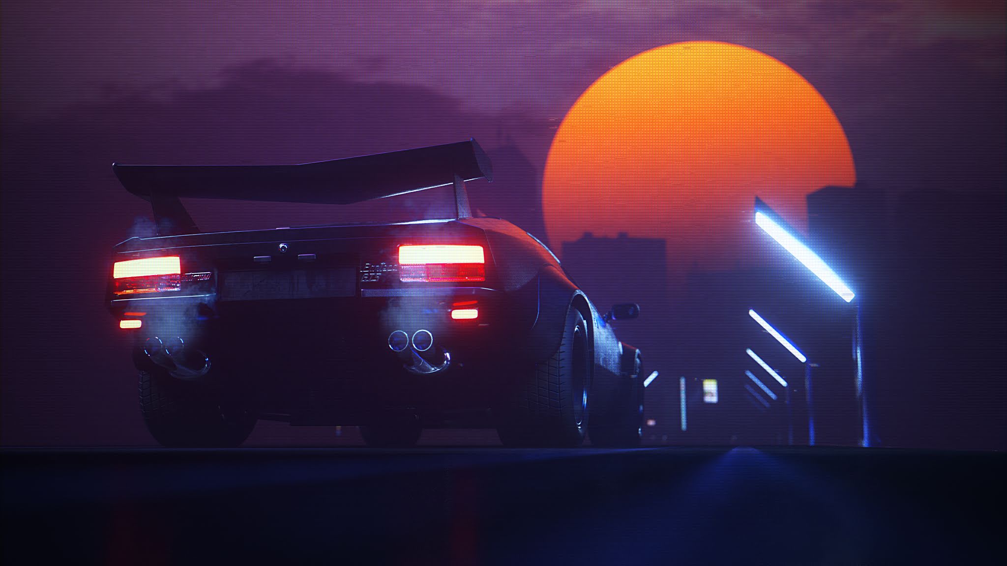 Wallpaper 4k Retrowave Road Moon Night
