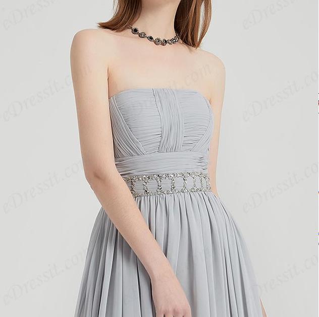 strapless flat neckline grey prom dress A-line with waistbelt