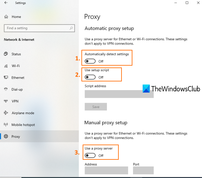 desactive la configuración de proxy automática y la configuración de proxy manual para Chrome