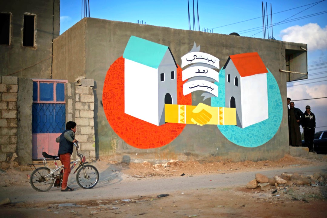 "Mi Casa Es Tu Casa" a new street art mural by Ruben Sanchez for AptART in Za'atari, the world’s second-largest refugee camp.