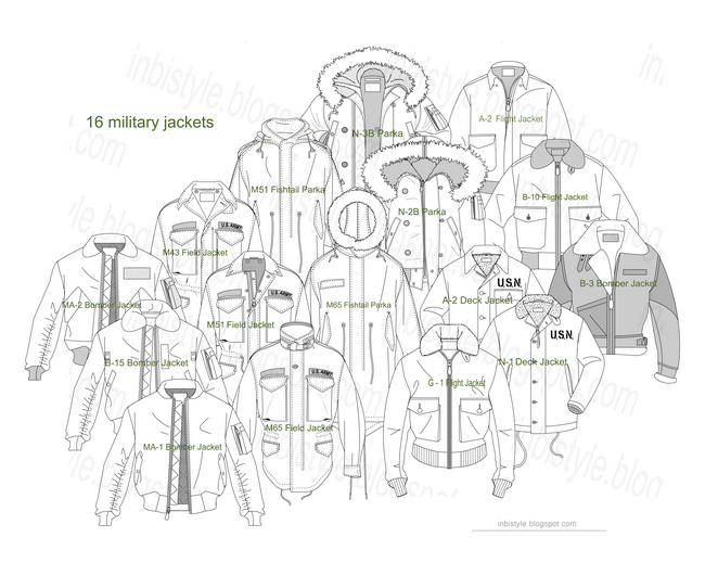 16 Military Jackets vector sketches ~ Fashion Flat Template | INBIStyle