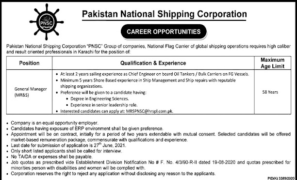 Latest Jobs in Pakistan National Shipping Corporation PNSC 2021