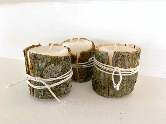 Bark and moss wrapped votive candles