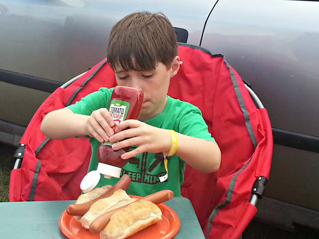Boy with Hotdogs and Ketchup