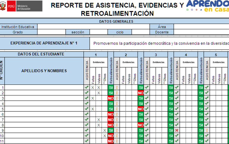 Reporte de asistencia,evidencias y retroalimentación en formato excel. ~  Ministerio de Educación - MINEDU