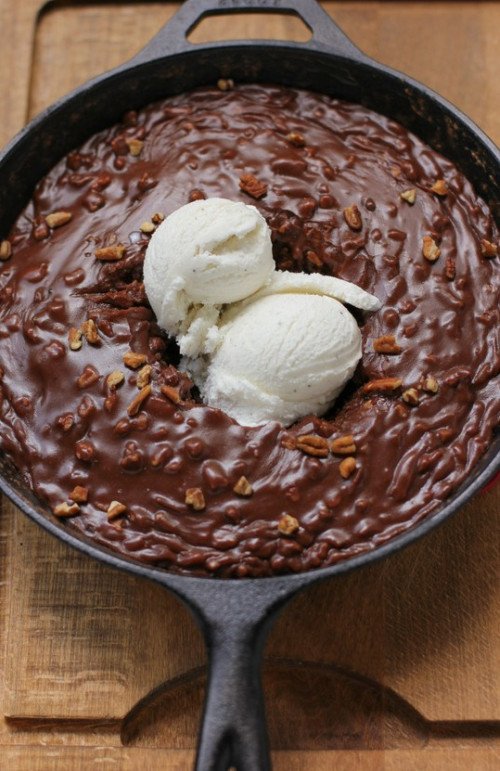 Content in a Cottage Gooey Chocolate Skillet Cake Ice Cream Sundae Recipe