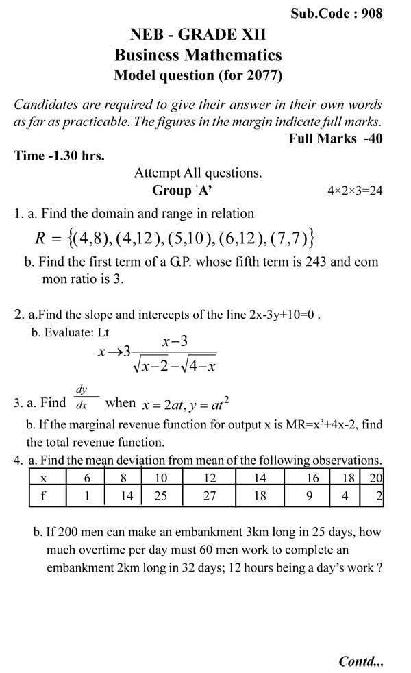 NEB Grade 12 Business Mathematics Model Questions