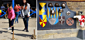My girls playing a game of hoops and a wall filled with coloured shields
