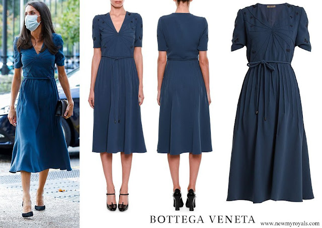 Queen Letizia wore Bottega Veneta v-neck embroidered crepe dress