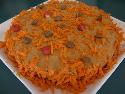 Picture of Rudy's peanut butter & carrot cake - it's iced with peanut butter, and has some kibble & shredded carrots for decoration