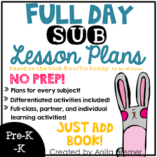 Full day sub no prep lesson plans for PreK - Kindergarten. Activities are based on the book Knuffle Bunny. Just add the book and you're all set! #subplans #kindergarten #knufflebunny #noprep #teachingresources