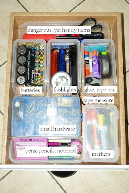 Use plastic left over containers to organize a junk drawer :: OrganizingMadeFun.com
