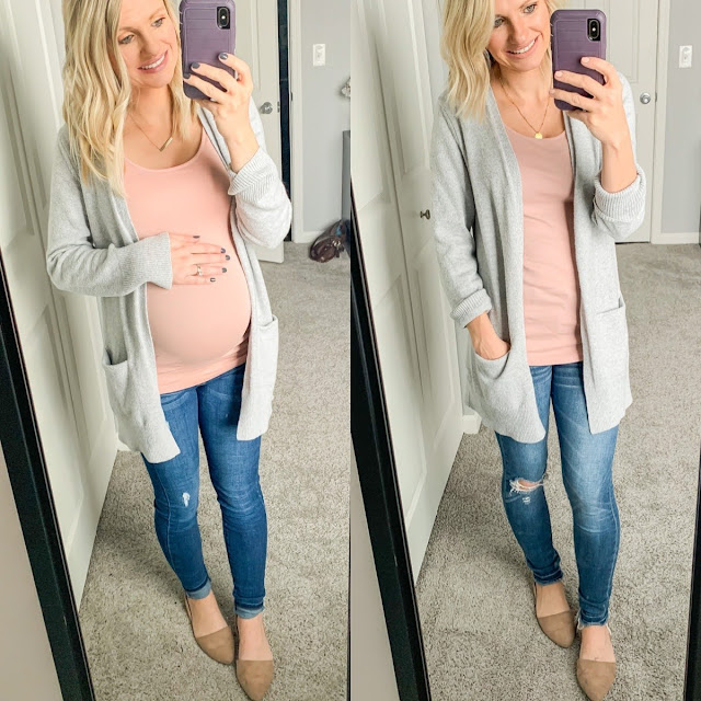 Cardigan and jeans maternity outfit