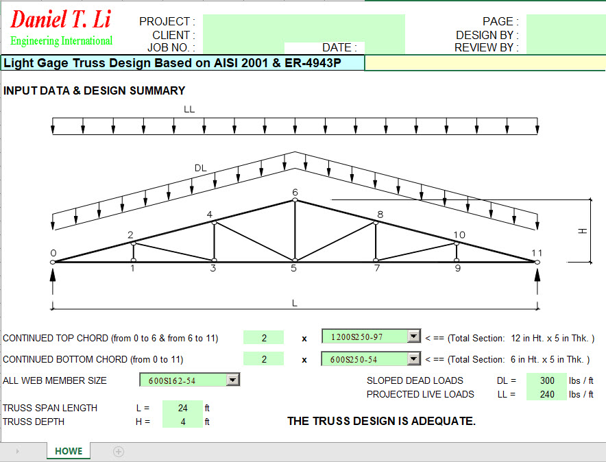 Excel Sheet to Design Light Gage Truss Based on AISI 2001 & ER-4943P