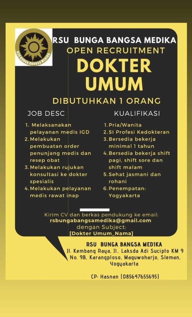 Loker Dokter RSU Bunga Bangsa Medika Sleman, Yogyakarta