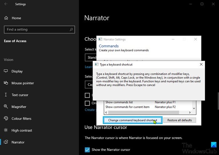 Modifier les raccourcis clavier du narrateur