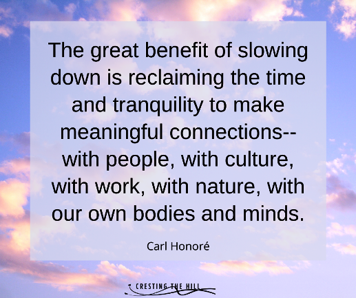 The great benefit of slowing down is reclaiming the time and tranquility to make meaningful connections. Carl Honore quote