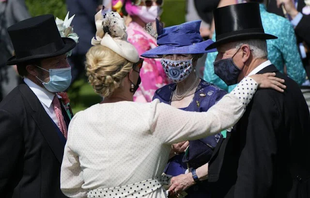 Countess of Wessex wore a new Amanda silk dress by ARoss Girl. Zara Tindall wore a polka dot dress by ME+EM